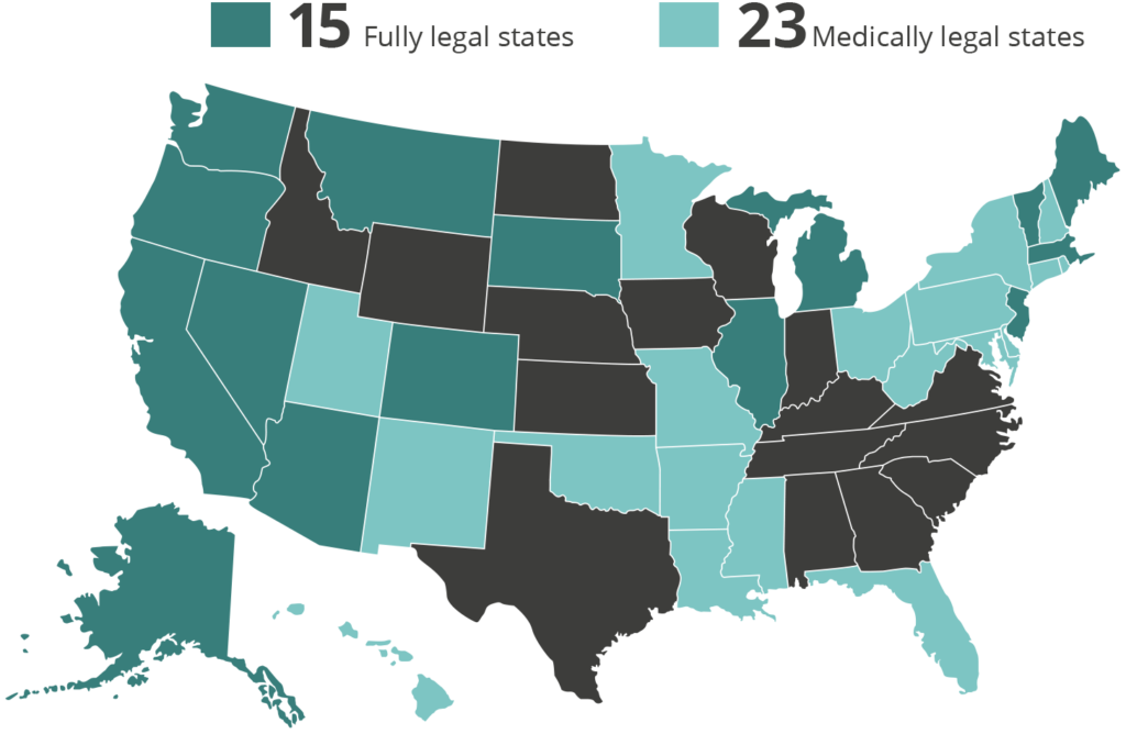 map of the United States showing cannabis legalization